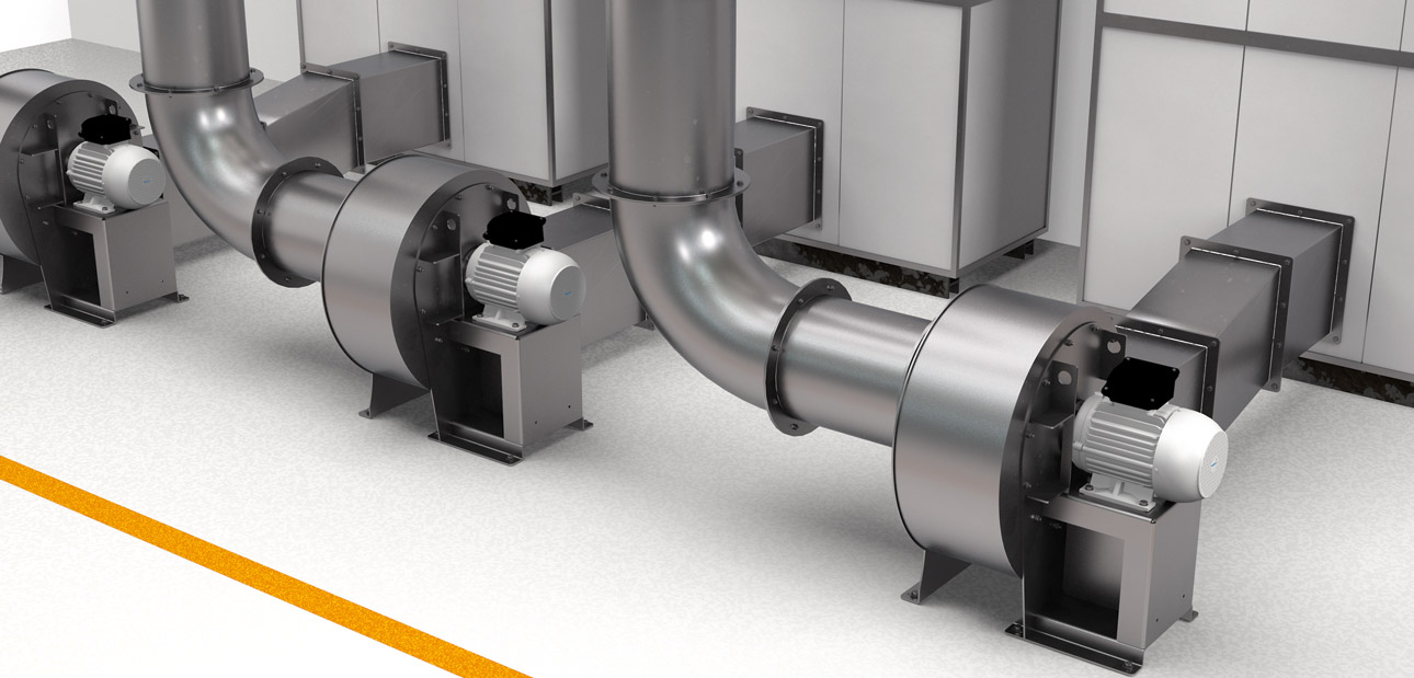 Reihe von drei S-HE-Ventilatoren in einer Einbausituation